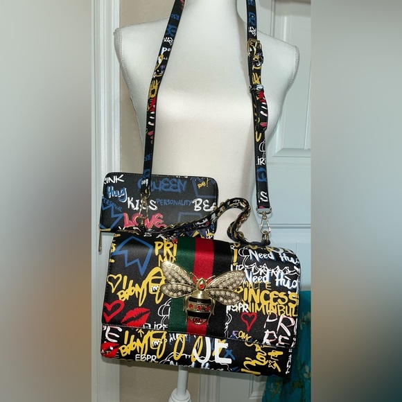 Bee Box Satchel Handbag Purse W/Matching Wallet Black Graffiti - Picture 10 of 16